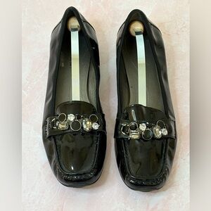 Tahari Black Patent Leather Loafers with Metal Embellishments
